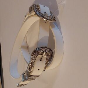 Women's Vintage look Double Silver Scroll Buckle White Belt Western Trendy M/L